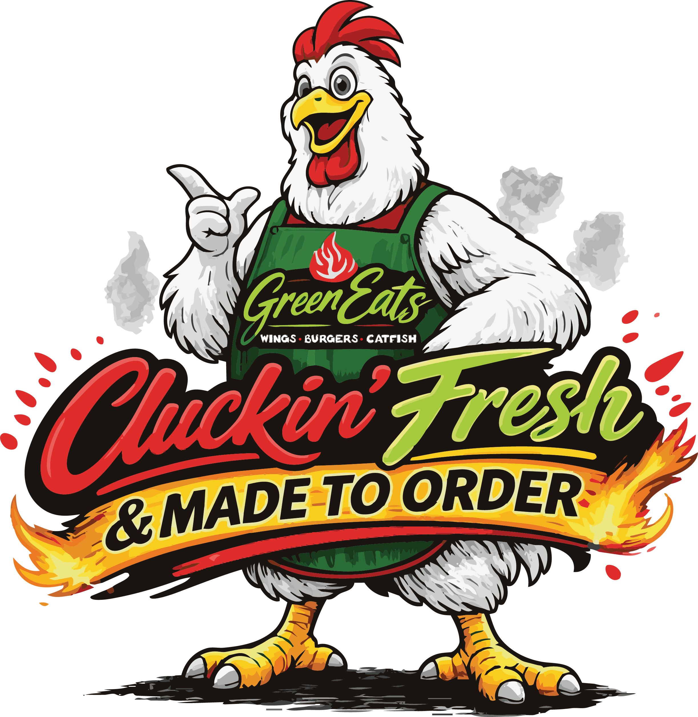 Cluckin' Fresh rooster mascot — the GreenEats brand mark